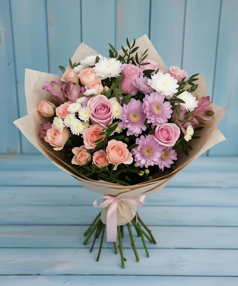 Букет цветов из: Хризантемы, Розы и Альстромерии в Малое Карлино