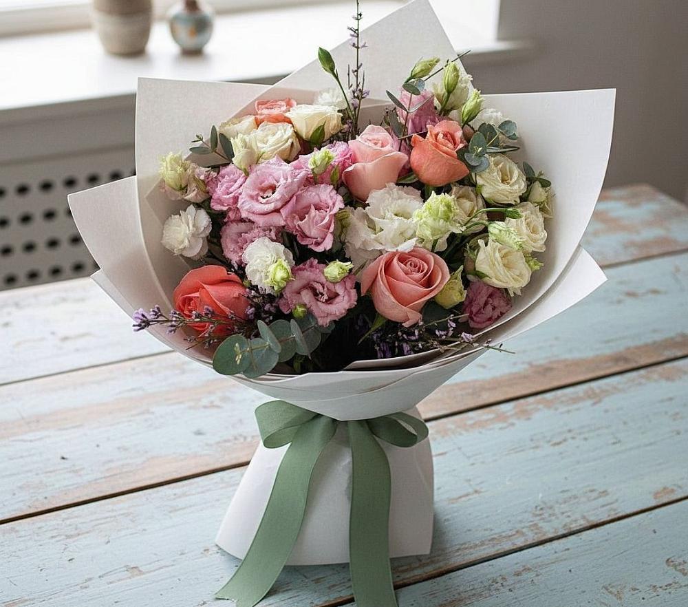 Букет цветов из: Розы, Лизиантусы и Гвоздики в Малое Карлино