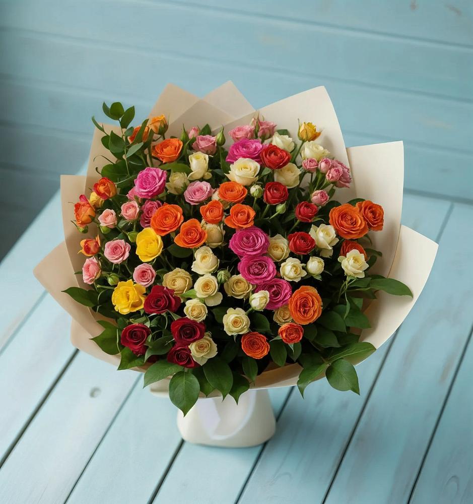 Букет Микс из разноцветных кустовых роз в Малое Карлино