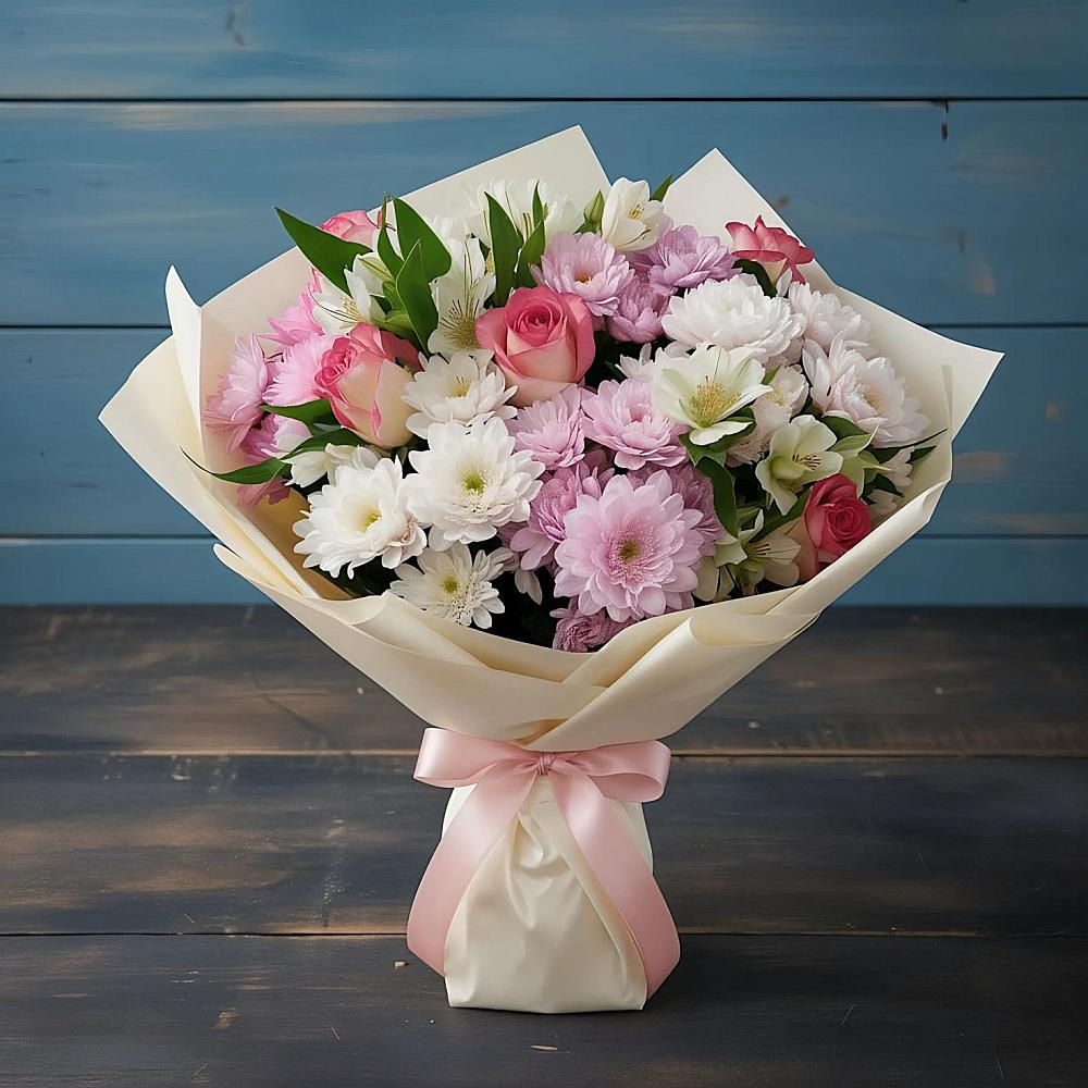 Букет цветов из: Хризантемы, Альстромерии и Розы в Малое Карлино